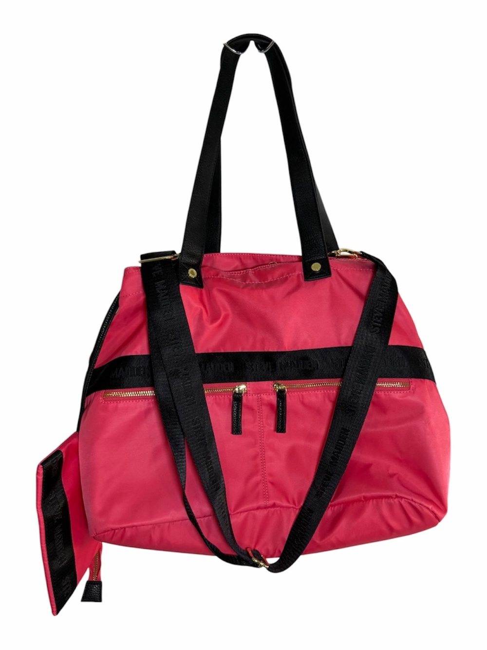 Steve Madden Hot Pink Weekender Tote Bag Nylon Travel Duffle + Bonus Clutch